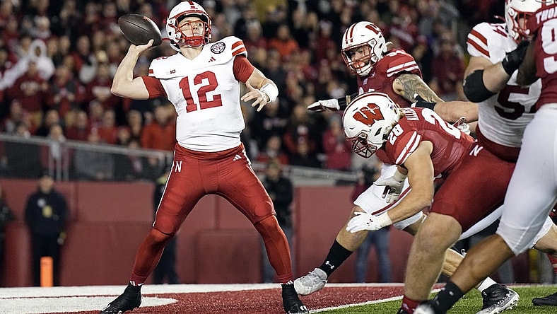 Nov 18, 2023; Madison, Wisconsin, USA;  Nebraska Cornhuskers quarterback Chubba Purdy (12) throws a pass during the first quarter against the Wisconsin Badgers at Camp Randall Stadium. Mandatory Credit: Jeff Hanisch-USA TODAY Sports