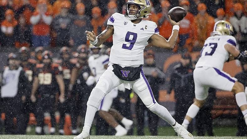 Nov 18, 2023; Corvallis, Oregon, USA; Washington Huskies quarterback Michael Penix Jr. (9) throws the ball during the first half against the Oregon State Beavers at Reser Stadium. Mandatory Credit: Soobum Im-USA TODAY Sports