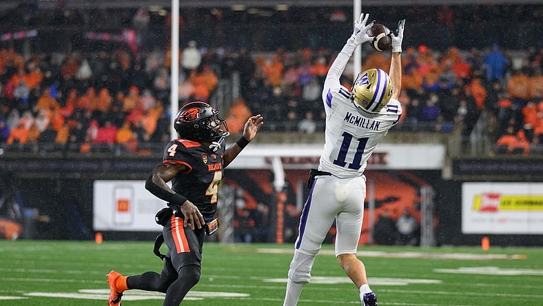 Nov 18, 2023; Corvallis, Oregon, USA; Washington Huskies wide receiver Jalen McMillan (11) goes up for a pass during the second half against the Oregon State Beavers at Reser Stadium. Mandatory Credit: Craig Strobeck-USA TODAY Sports