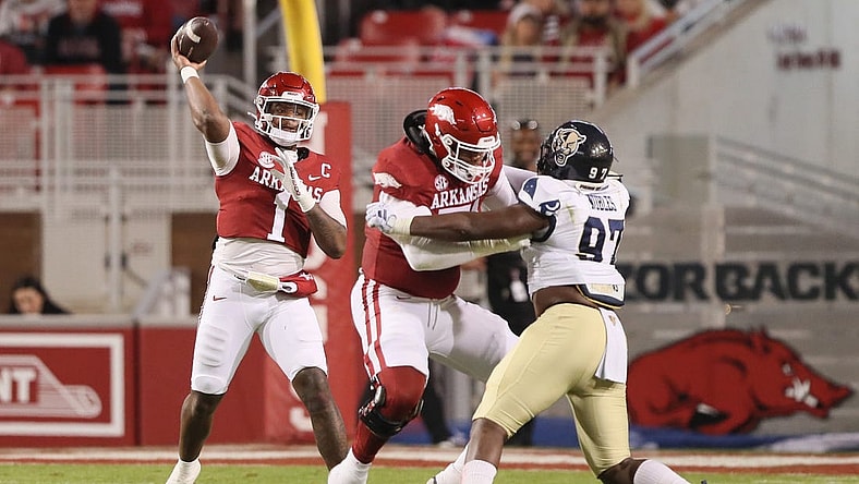 Nov 18, 2023; Fayetteville, Arkansas, USA; Arkansas Razorbacks quarterback KJ Jefferson (1) passes in the first half against the FIU Panthers at Donald W. Reynolds Razorback Stadium. Mandatory Credit: Nelson Chenault-USA TODAY Sports