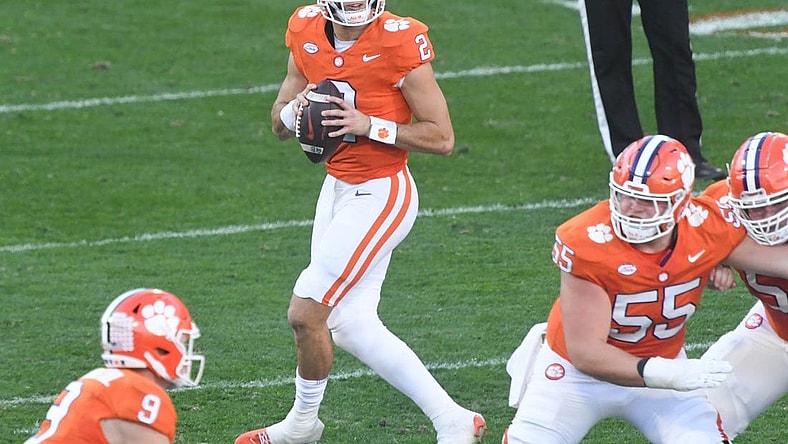 Nov 18, 2023; Clemson, South Carolina, USA; Clemson Tigers quarterback Cade Klubnik (2) drops back to pass against the North Carolina Tar Heels during the first quarter at Memorial Stadium. Mandatory Credit: Ken Ruinard-USA TODAY Sports