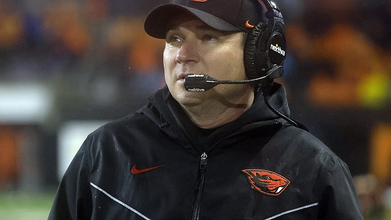 Nov 18, 2023; Corvallis, Oregon, USA; Oregon State Beavers head coach Jonathan Smith looks up at the video board during the second half against the Washington Huskies at Reser Stadium. Mandatory Credit: Soobum Im-USA TODAY Sports