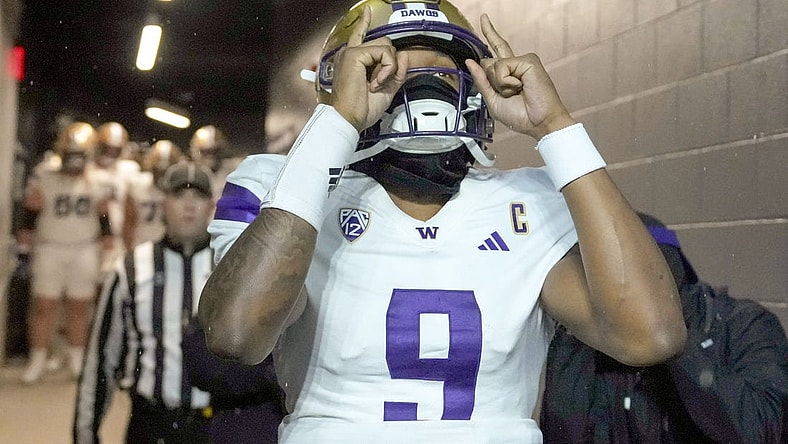 Nov 18, 2023; Corvallis, Oregon, USA; Washington Huskies  quarterback Michael Penix Jr. (9) walks out of the team tunnel before the game against the Oregon State Beavers at Reser Stadium. Mandatory Credit: Soobum Im-USA TODAY Sports