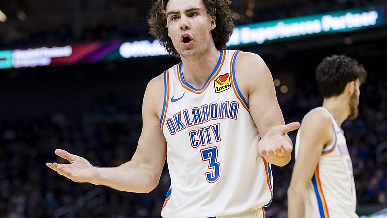 Nov 18, 2023; San Francisco, California, USA; Oklahoma City Thunder guard Josh Giddey (3) reacts after a foul is called in favor of the Golden State Warriors  during the second half at Chase Center. Mandatory Credit: John Hefti-USA TODAY Sports
