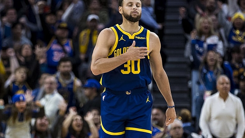 Nov 18, 2023; San Francisco, California, USA; Golden State Warriors guard Stephen Curry (30) reacts after scoring against the Oklahoma City Thunder during the second half at Chase Center. Mandatory Credit: John Hefti-USA TODAY Sports