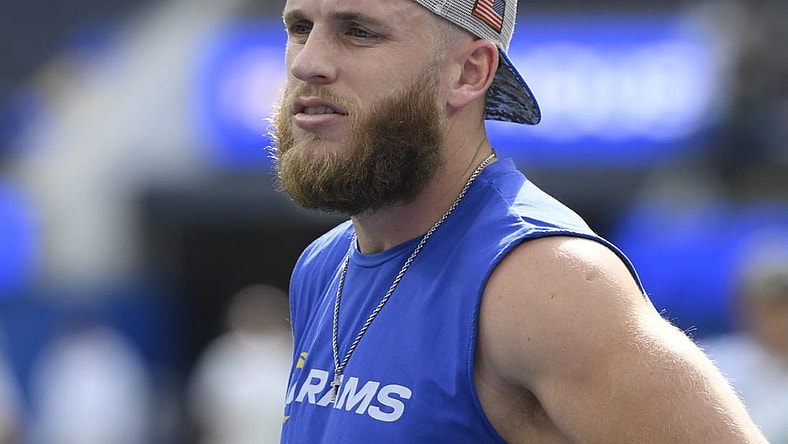 Nov 19, 2023; Inglewood, California, USA; Los Angeles Rams wide receiver Cooper Kupp (10) during pre-game warms up before an NFL game against the Seattle Seahawks at SoFi Stadium. Mandatory Credit: Robert Hanashiro-USA TODAY Sports