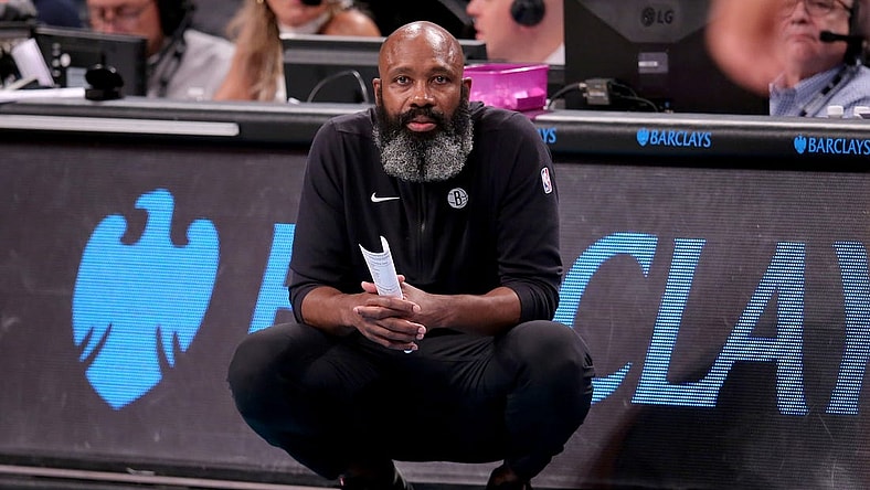 Nov 19, 2023; Brooklyn, New York, USA; Brooklyn Nets head coach Jacque Vaughn coaches against the Philadelphia 76ers during the fourth quarter at Barclays Center. Mandatory Credit: Brad Penner-USA TODAY Sports