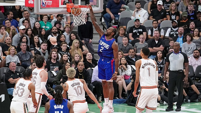 Nov 20, 2023; San Antonio, Texas, USA;  LA Clippers forward Kawhi Leonard (2) dunks in the first half against the San Antonio Spurs at the Frost Bank Center. Mandatory Credit: Daniel Dunn-USA TODAY Sports