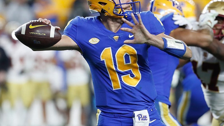 Nov 16, 2023; Pittsburgh, Pennsylvania, USA;  Pittsburgh Panthers quarterback Nate Yarnell (19) passes against the Boston College Eagles during the third quarter at Acrisure Stadium. Mandatory Credit: Charles LeClaire-USA TODAY Sports