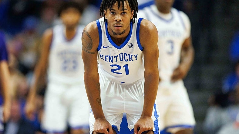 Nov 17, 2023; Lexington, Kentucky, USA; Kentucky Wildcats guard D.J. Wagner (21) during the second half against the Stonehill Skyhawks at Rupp Arena at Central Bank Center. Mandatory Credit: Jordan Prather-USA TODAY Sports