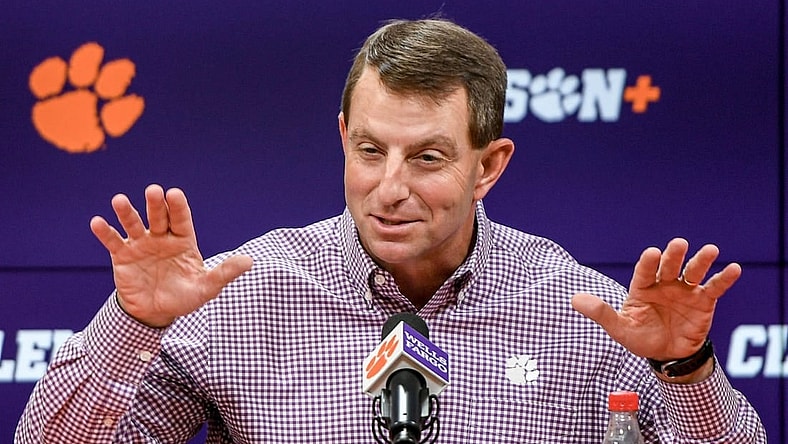 Clemson head coach Dabo Swinney speaks in the Smart Family Media Center at the Smart Family Media Center at the Poe Indoor Practice Facility in Clemson, S.C. Tuesday, Nov 21, 2023.