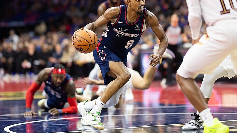 Nov 21, 2023; Philadelphia, Pennsylvania, USA; Philadelphia 76ers guard De'Anthony Melton (8) dribbles the ball against the Cleveland Cavaliers during the third quarter at Wells Fargo Center. Mandatory Credit: Bill Streicher-USA TODAY Sports