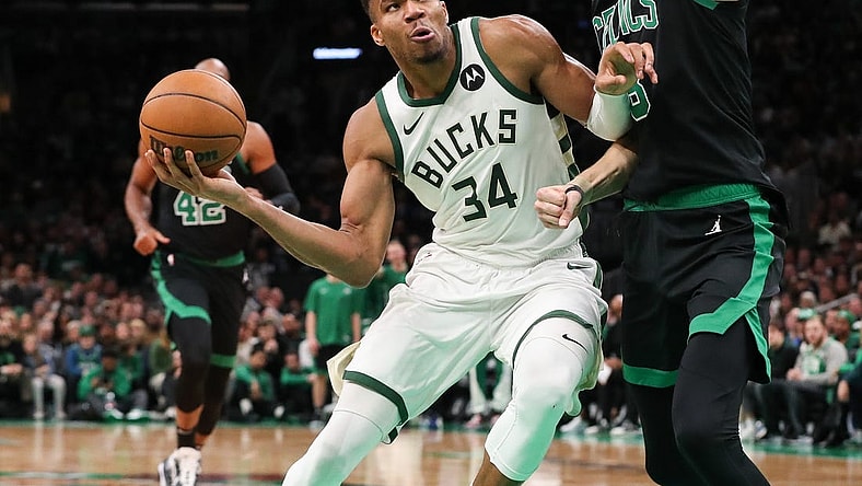 Nov 22, 2023; Boston, Massachusetts, USA; Milwaukee Bucks forward Giannis Antetokounmpo (34) drives to the basket during the second half against the Boston Celtics at TD Garden. Mandatory Credit: Paul Rutherford-USA TODAY Sports