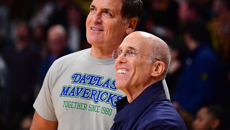 Nov 22, 2023; Los Angeles, California, USA; Dallas Mavericks owner Mark Cuban meets with media executive Jeffrey Katzenberg at Crypto.com Arena. Mandatory Credit: Gary A. Vasquez-USA TODAY Sports