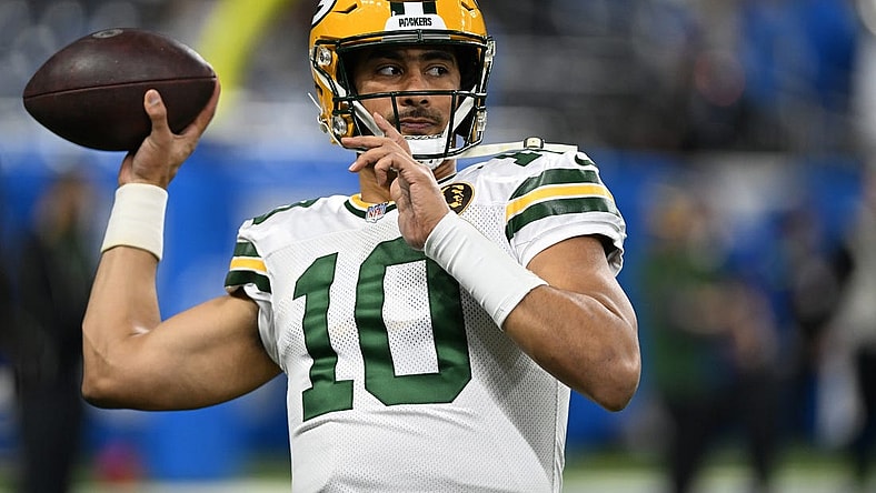 Nov 23, 2023; Detroit, Michigan, USA; Green Bay Packers quarterback Jordan Love (10) throws passes during pregame warmups before their game against the Detroit Lions at Ford Field. Mandatory Credit: Lon Horwedel-USA TODAY Sports