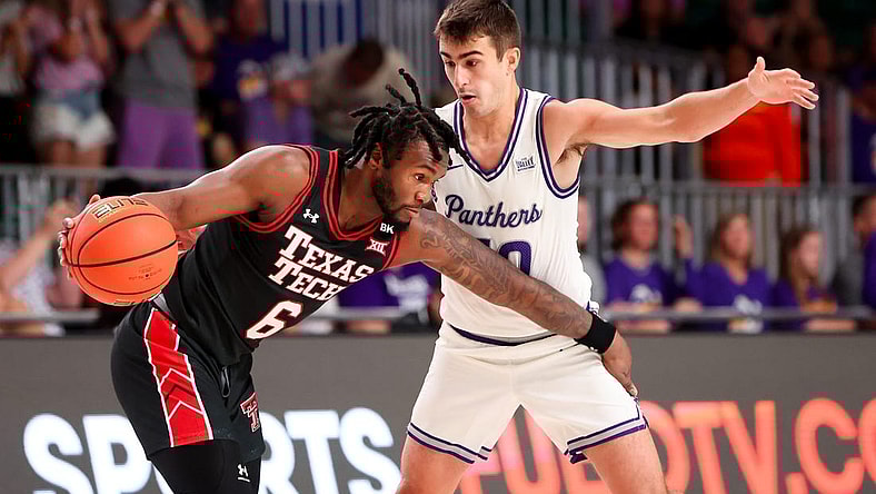 Nov 23, 2023; Paradise Island, BAHAMAS;  Texas Tech Red Raiders guard Joe Toussaint (6) drives as Northern Iowa Panthers guard RJ Taylor (10) defends during the first half at Imperial Arena. Mandatory Credit: Kevin Jairaj-USA TODAY Sports