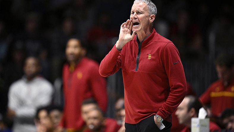 Nov 24, 2023; La Jolla, California, USA; USC Trojans head coach Andy Enfield yells out during the second half against the Oklahoma Sooners at LionTree Arena. Mandatory Credit: Orlando Ramirez-USA TODAY Sports