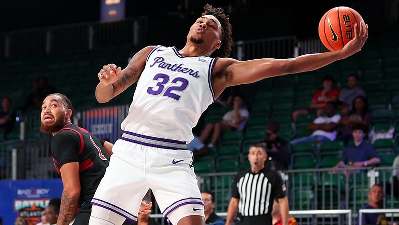 Nov 24, 2023; Paradise Island, BAHAMAS; Northern Iowa Panthers guard Tytan Anderson (32) reaches for a ball in front of Stanford Cardinal guard Jared Bynum (1) during the first half at Imperial Arena. Mandatory Credit: Kevin Jairaj-USA TODAY Sports