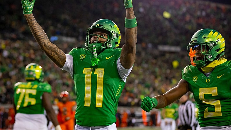 Oregon wide receiver Troy Franklin celebrates a touchdown as the No. 6 Oregon Ducks take on the No. 16 Oregon State Beavers Friday, Nov. 24, 2023, at Autzen Stadium in Eugene, Ore.