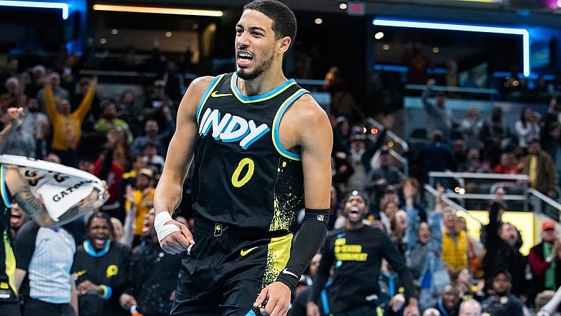 Nov 24, 2023; Indianapolis, Indiana, USA; Indiana Pacers guard Tyrese Haliburton (0) celebrates a made basket  in the second half against the Detroit Pistons at Gainbridge Fieldhouse. Mandatory Credit: Trevor Ruszkowski-USA TODAY Sports