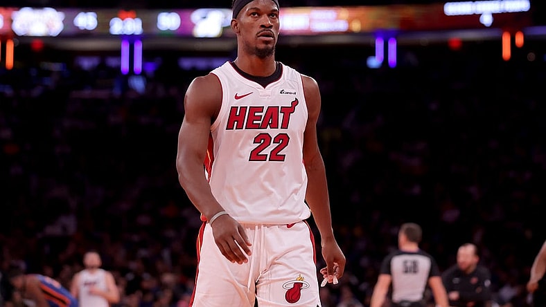 Nov 24, 2023; New York, New York, USA; Miami Heat forward Jimmy Butler (22) reacts during the second quarter against the New York Knicks at Madison Square Garden. Mandatory Credit: Brad Penner-USA TODAY Sports