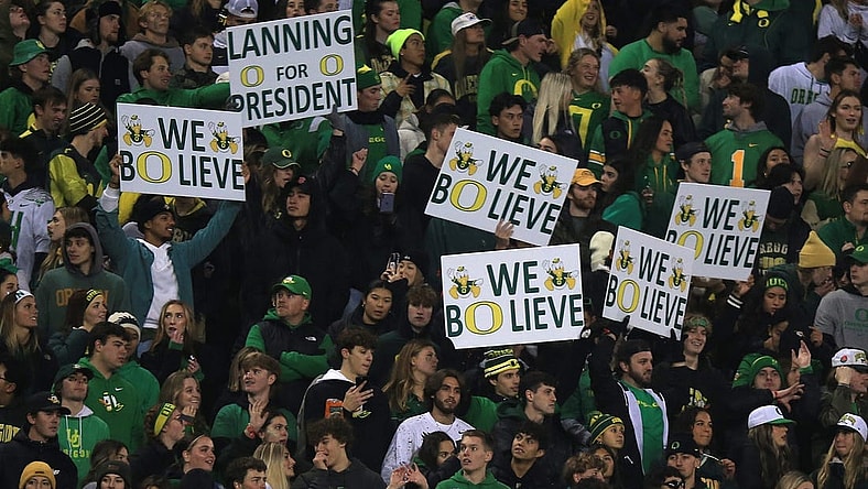 Duck fans show their support for Oregon quarterback Bo Nix and coach Dan Lanning during the game against Oregon State.