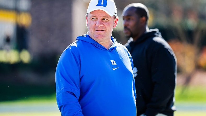 Nov 25, 2023; Durham, North Carolina, USA; Duke Blue Devils head coach Mike Elko looks on before the first half of the game against Pittsburgh Panthers at Wallace Wade Stadium. Mandatory Credit: Jaylynn Nash-USA TODAY Sports