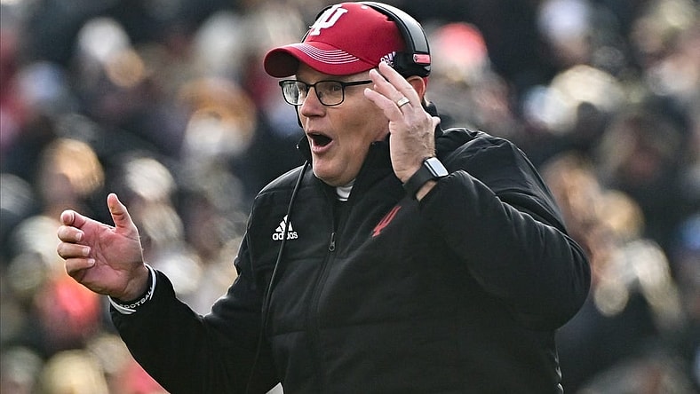 Nov 25, 2023; West Lafayette, Indiana, USA; Indiana Hoosiers head coach Tom Allen reacts during the second half at Ross-Ade Stadium. Mandatory Credit: Robert Goddin-USA TODAY Sports