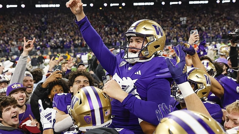Nov 25, 2023; Seattle, Washington, USA; Washington Huskies place kicker Grady Gross (95) celebrates after making a game-winning field goal against the Washington State Cougars during the fourth quarter at Alaska Airlines Field at Husky Stadium. Mandatory Credit: Joe Nicholson-USA TODAY Sports