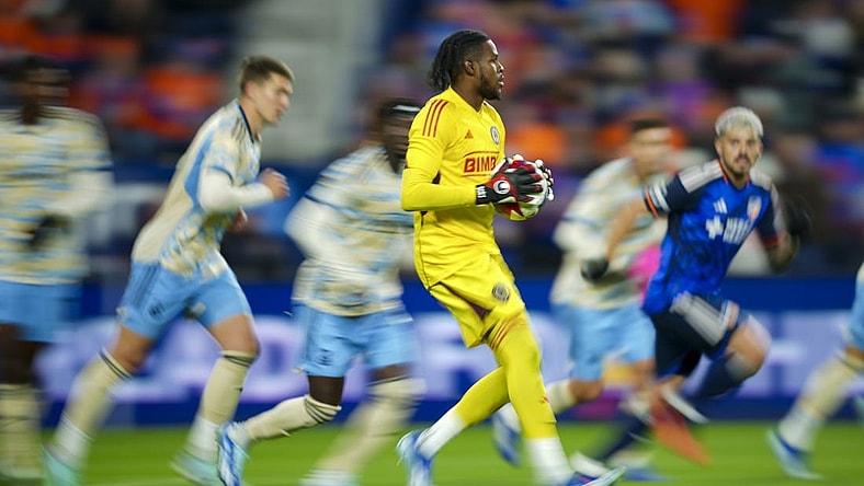 Nov 25, 2023; Cincinnati, Ohio, USA; Philadelphia Union goalkeeper Andre Blake (18) controls the ball against FC Cincinnati in the first half in a MLS Cup Eastern Conference Semifinal match at TQL Stadium. Mandatory Credit: Aaron Doster-USA TODAY Sports