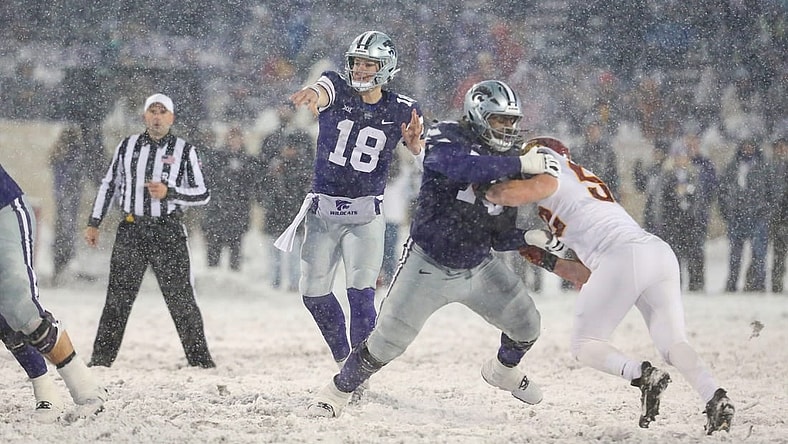 Nov 25, 2023; Manhattan, Kansas, USA; Kansas State Wildcats quarterback Will Howard (18) passes the ball during the fourth quarter against the Iowa State Cyclones at Bill Snyder Family Football Stadium. Mandatory Credit: Scott Sewell-USA TODAY Sports
