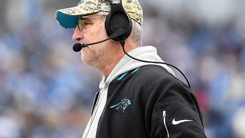 Nov 26, 2023; Nashville, Tennessee, USA; Carolina Panthers head coach Frank Reich looks on from the sideline during the second half against the Tennessee Titans at Nissan Stadium. Mandatory Credit: Christopher Hanewinckel-USA TODAY Sports