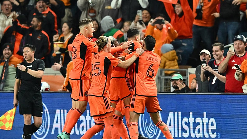 Nov 26, 2023; Houston, Texas, USA; Houston Dynamo defender Franco Escobar (2) reacts after scoring a goal against Sporting Kansas City during the first half for the MLS Cup Western Conference Semifinal match at Shell Energy Stadium. Mandatory Credit: Maria Lysaker-USA TODAY Sports