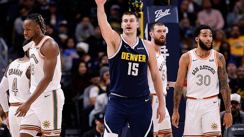 Nov 26, 2023; Denver, Colorado, USA; Denver Nuggets center Nikola Jokic (15) in the fourth quarter against the San Antonio Spurs at Ball Arena. Mandatory Credit: Isaiah J. Downing-USA TODAY Sports