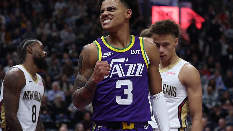 Nov 27, 2023; Salt Lake City, Utah, USA; Utah Jazz guard Keyonte George (3) reacts to a play against the New Orleans Pelicans in the first quarter at Delta Center. Mandatory Credit: Rob Gray-USA TODAY Sports