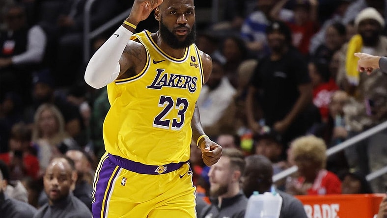 Nov 29, 2023; Detroit, Michigan, USA; Los Angeles Lakers forward LeBron James (23) celebrates in the second half against the Detroit Pistons at Little Caesars Arena. Mandatory Credit: Rick Osentoski-USA TODAY Sports