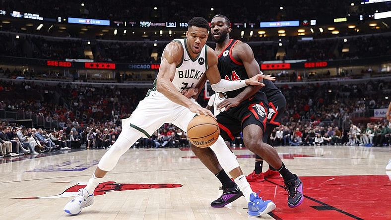 Nov 30, 2023; Chicago, Illinois, USA; Milwaukee Bucks forward Giannis Antetokounmpo (34) drives to the basket against Chicago Bulls forward Patrick Williams (44) during the first half at United Center. Mandatory Credit: Kamil Krzaczynski-USA TODAY Sports