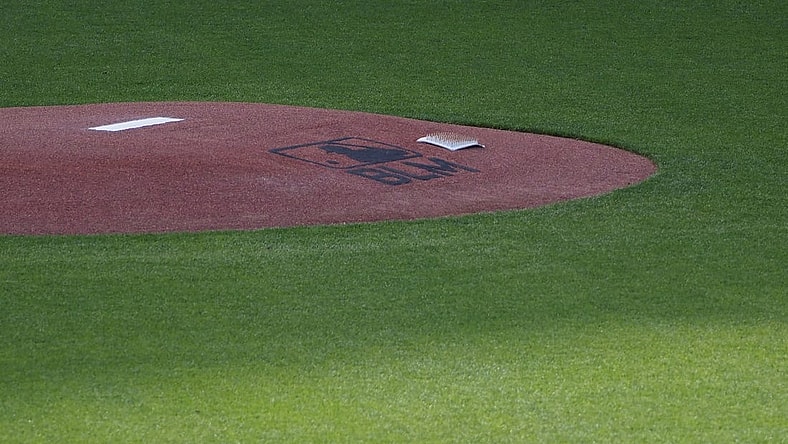Jul 28, 2020; San Francisco, California, USA; A logo for black lives matter on the pitcher s mound before the game between the San Francisco Giants and San Diego Padres at Oracle Park. Mandatory Credit: Kelley L Cox-USA TODAY Sports