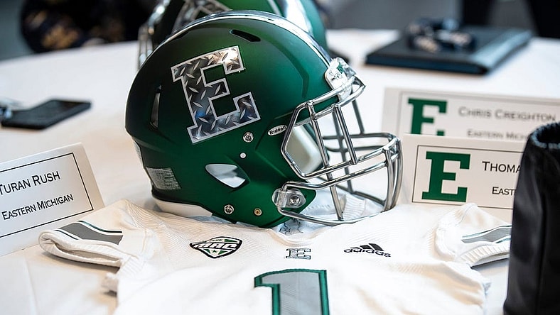Eastern Michigan football helmet during the MAC football media day at Ford Field on Tuesday, July 20, 2021.