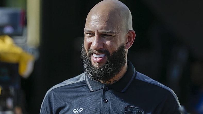 Jul 25, 2021; Orlando, Florida, USA; Former Everton goalkeeper Tim Howard attends the game between Everton and Millonarios during a 2021 Florida Cup semifinal soccer match at Camping World Stadium. Mandatory Credit: Sam Navarro-USA TODAY Sports