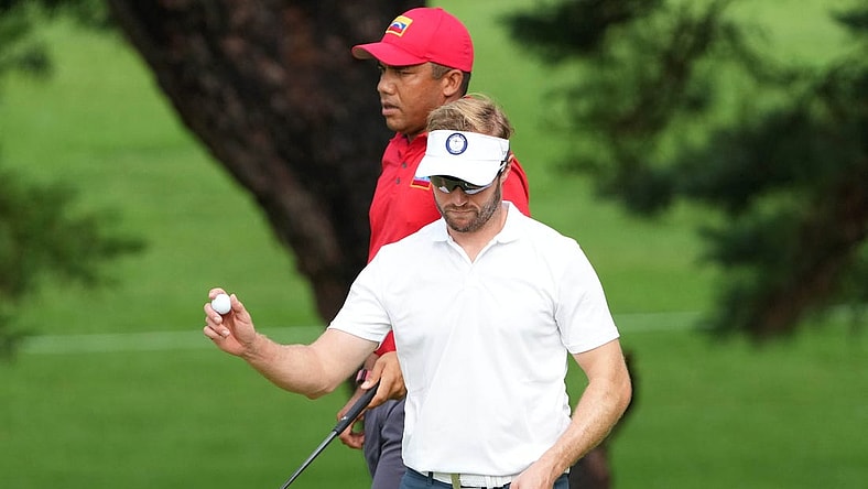 Jul 30, 2021; Tokyo, Japan; Kalle Samooja (FIN) reacts after putting on the second green during round two of the men's individual stroke play of the Tokyo 2020 Olympic Summer Games at Kasumigaseki Country Club. Mandatory Credit: Kyle Terada-USA TODAY Sports