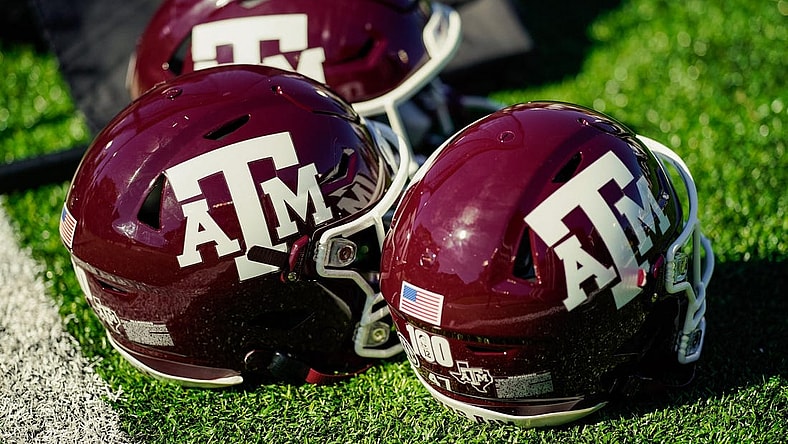 Oct 16, 2021; Columbia, Missouri, USA; A detailed view of Texas A&M Aggies helmets during the second half against the Missouri Tigers at Faurot Field at Memorial Stadium. Mandatory Credit: Jay Biggerstaff-USA TODAY Sports