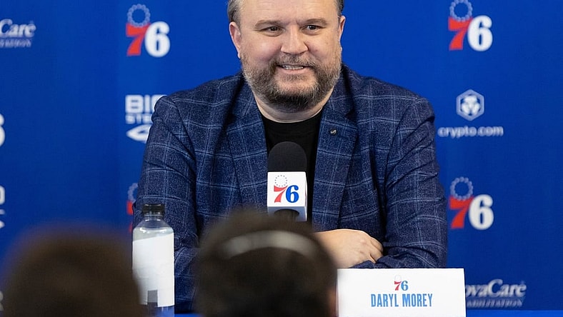 Feb 15, 2022; Camden, NJ, USA; Philadelphia 76ers president of basketball operations Daryl Morey speaks with the media at Philadelphia 76ers Training Complex. Mandatory Credit: Bill Streicher-USA TODAY Sports