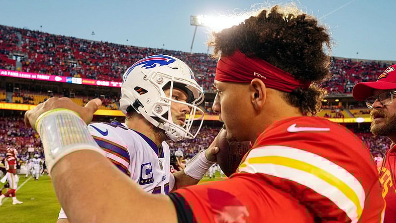 Oct 16, 2022; Kansas City, Missouri, USA; Buffalo Bills quarterback Josh Allen (17) hugs Kansas City Chiefs quarterback Patrick Mahomes (15) after a game at GEHA Field at Arrowhead Stadium. Mandatory Credit: Jay Biggerstaff-USA TODAY Sports