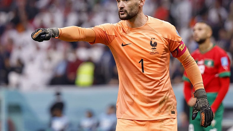 Dec 14, 2022; Al Khor, Qatar; France goalkeeper Hugo Lloris (1) gestures against Morocco during the first half of a semifinal match during the 2022 World Cup at Al Bayt Stadium. Mandatory Credit: Yukihito Taguchi-USA TODAY Sports