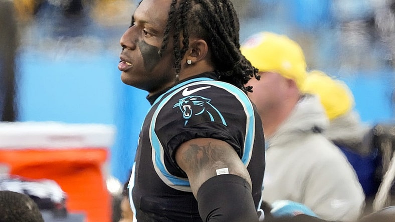 Dec 18, 2022; Charlotte, North Carolina, USA;  Carolina Panthers cornerback Jaycee Horn (8) watches the offense in the final seconds during the second half against the Pittsburgh Steelers at Bank of America Stadium. Mandatory Credit: Jim Dedmon-USA TODAY Sports