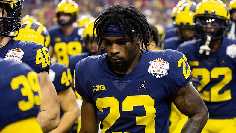 Dec 31, 2022; Glendale, Arizona, USA; Michigan Wolverines running back CJ Stokes (23) against the TCU Horned Frogs during the 2022 Fiesta Bowl at State Farm Stadium. Mandatory Credit: Mark J. Rebilas-USA TODAY Sports