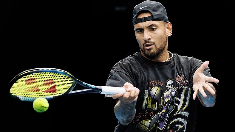 Jan 15, 2023; Melbourne, Victoria, Australia; Nick Kyrgios of Australia hits a shot during a practice session on court 16 at Melbourne Park. Mandatory Credit: Mike Frey-USA TODAY Sports
