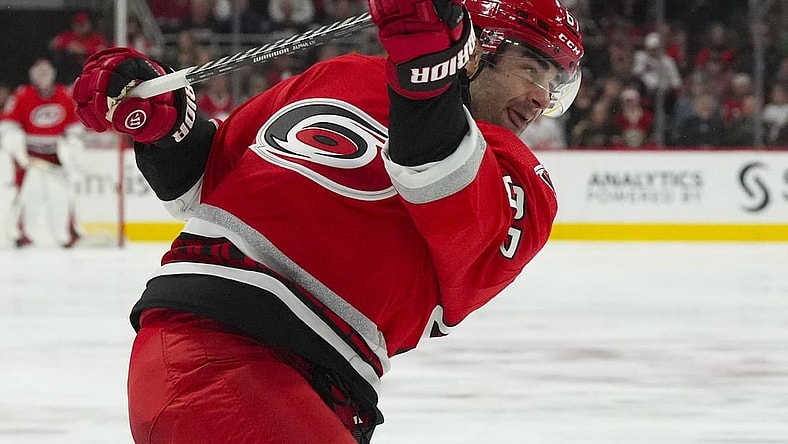 Jan 19, 2023; Raleigh, North Carolina, USA; Carolina Hurricanes left wing Max Pacioretty (67) takes a shot against the Minnesota Wild in the third period at PNC Arena. Mandatory Credit: James Guillory-USA TODAY Sports