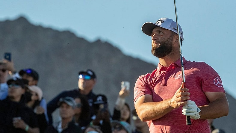 Jon Rahm tees off on No. 17 during the final round of The American Express on the Pete Dye Stadium Course at PGA West in La Quinta, Calif., Sunday, Jan. 22, 2023.
